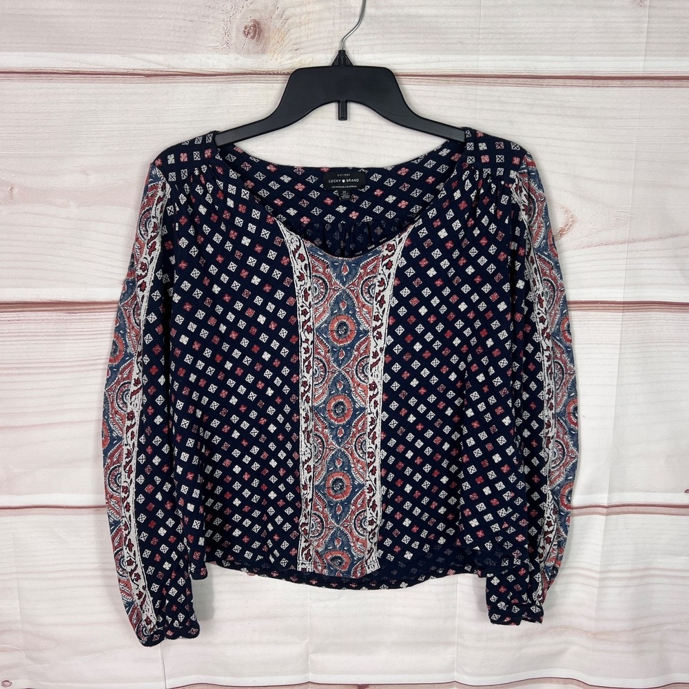 Lucky Brand Top Womens M Blue Geometric Blouse Border Print Long Sleeve Pullover